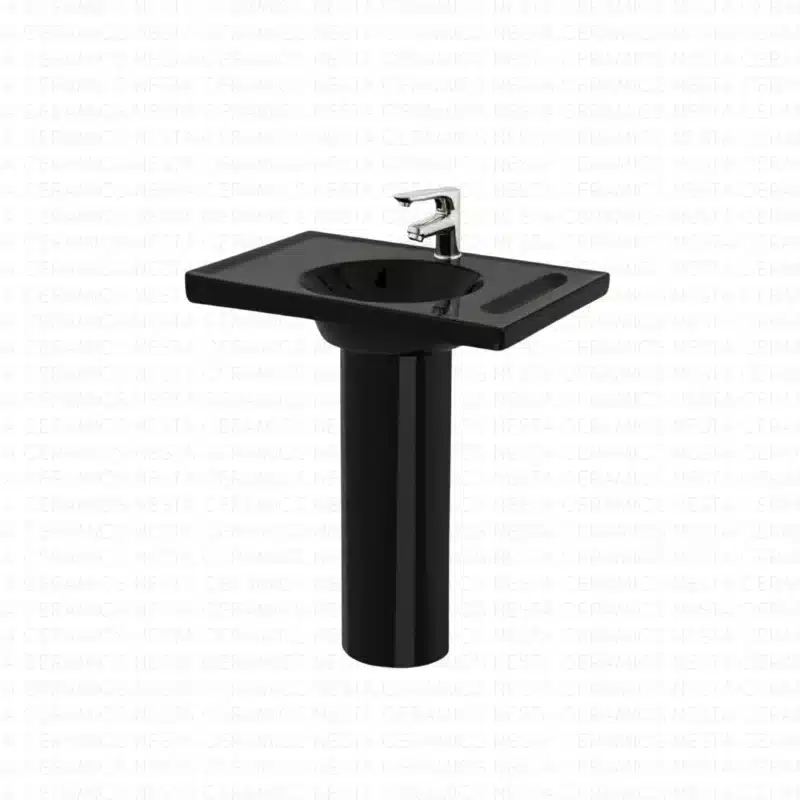 Wide-deck washbasin with a 28-inch integrated countertop and cylindrical pedestal.