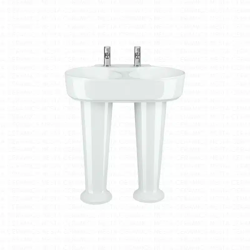Twin-station pedestal basin featuring two integrated bowls on a dual tapered pillar foundation.