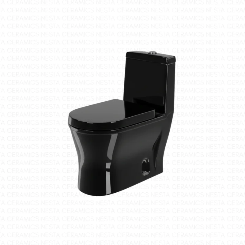 Modern L-shaped one-piece commode with high tank.