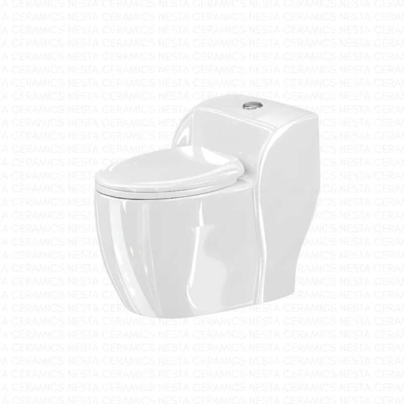 One-piece commode with low-profile cistern.